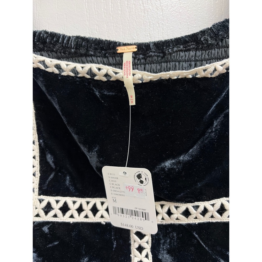 Free People Black Velvet Corset Top Lattice Crochet Trim Cap Sleeve OB2412775 M - Picture 4 of 5